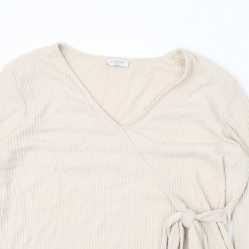 Papaya Womens Beige Polyester Wrap Blouse Size 20 V-Neck - Ribbed