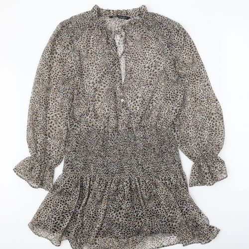 Zara Womens Brown Animal Print Polyester Fit & Flare Size S V-Neck Button - Leopard Pattern