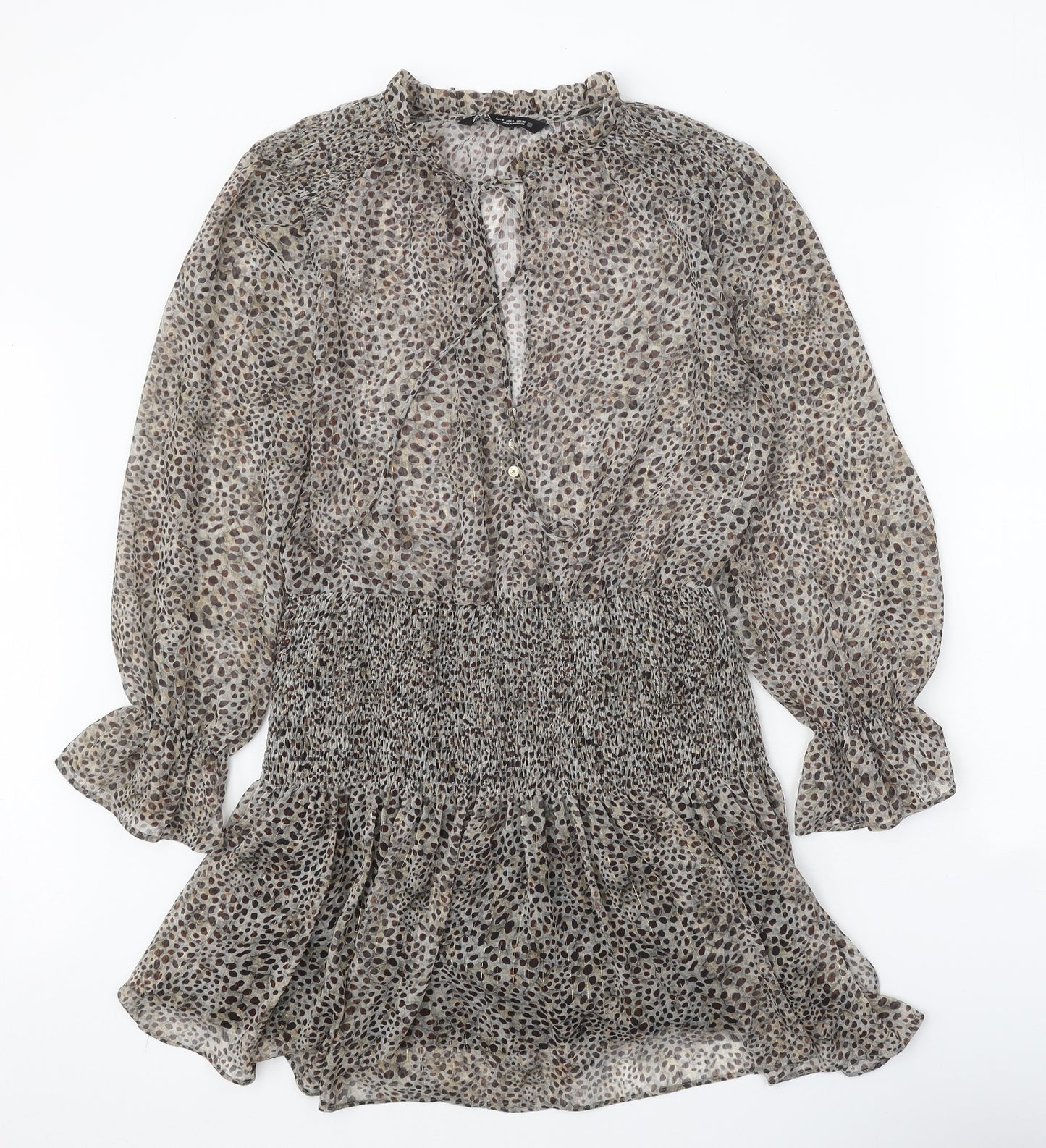 Zara Womens Brown Animal Print Polyester Fit & Flare Size S V-Neck Button - Leopard Pattern