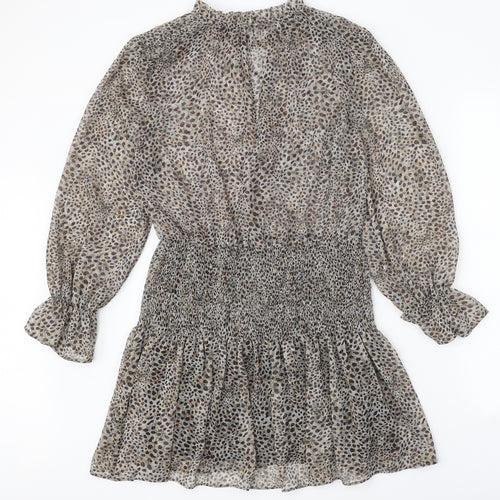 Zara Womens Brown Animal Print Polyester Fit & Flare Size S V-Neck Button - Leopard Pattern