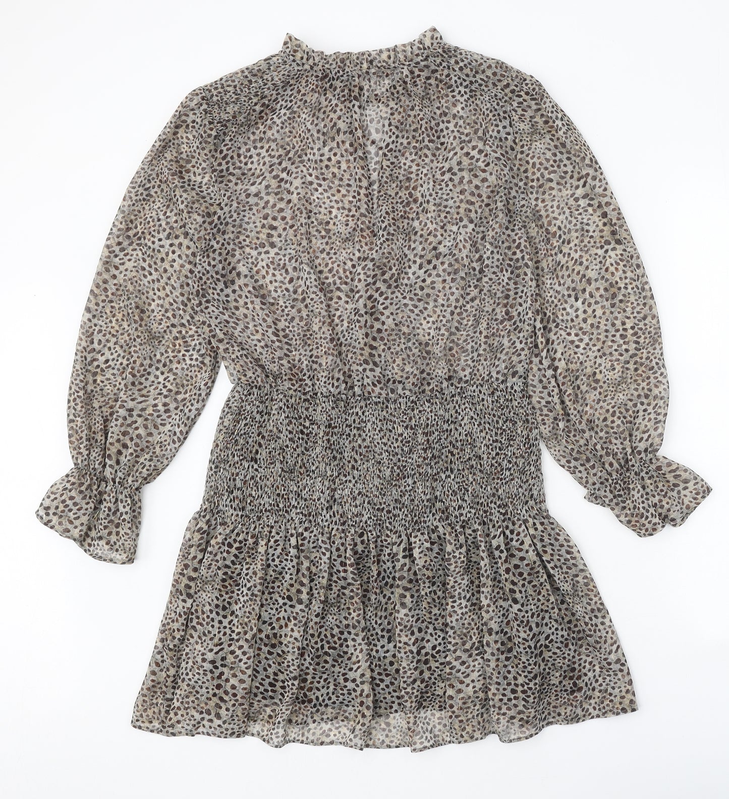 Zara Womens Brown Animal Print Polyester Fit & Flare Size S V-Neck Button - Leopard Pattern