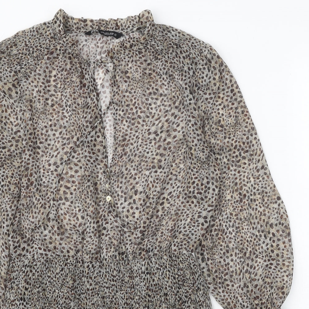 Zara Womens Brown Animal Print Polyester Fit & Flare Size S V-Neck Button - Leopard Pattern