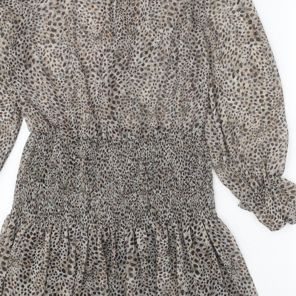 Zara Womens Brown Animal Print Polyester Fit & Flare Size S V-Neck Button - Leopard Pattern