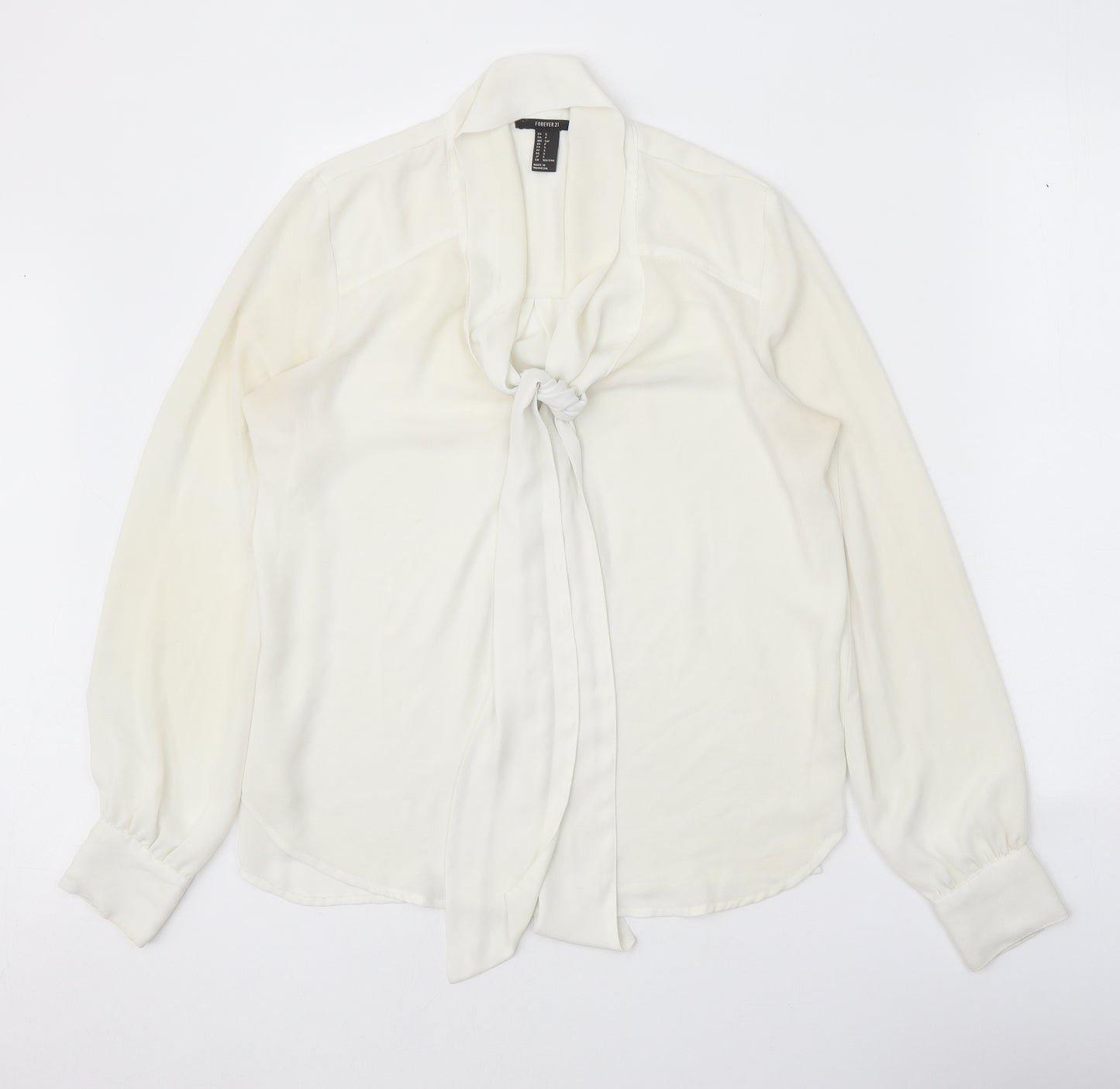 FOREVER 21 Womens White Polyester Basic Blouse Size S V-Neck - Pussy Bow Neck