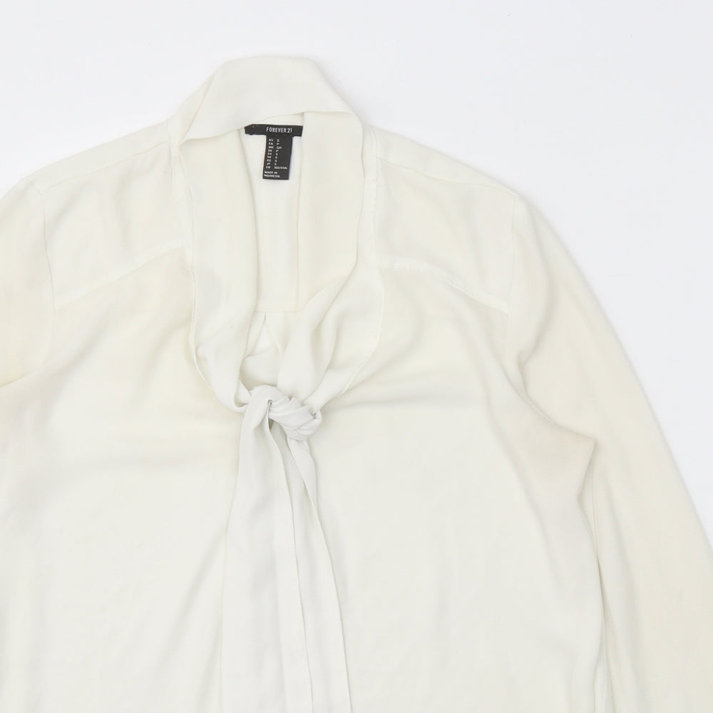 FOREVER 21 Womens White Polyester Basic Blouse Size S V-Neck - Pussy Bow Neck
