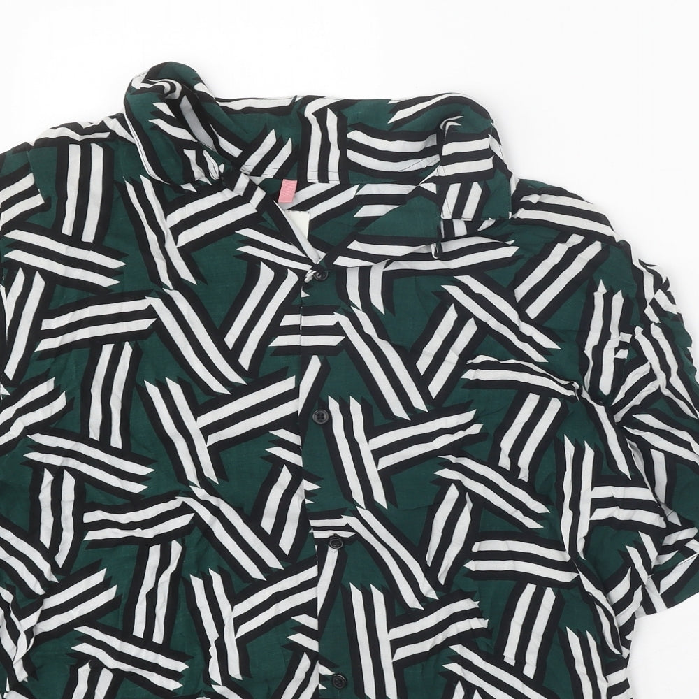 River Island Womens Green Geometric Viscose Basic Button-Up Size L Collared
