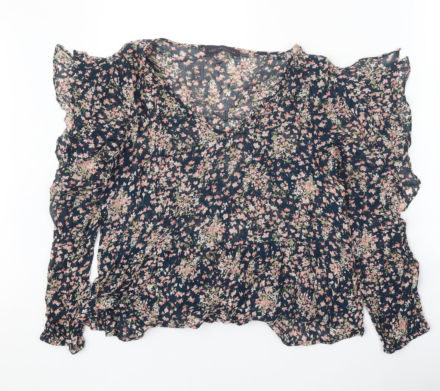 Marks and Spencer Womens Blue Floral Viscose Basic Blouse Size 12 V-Neck