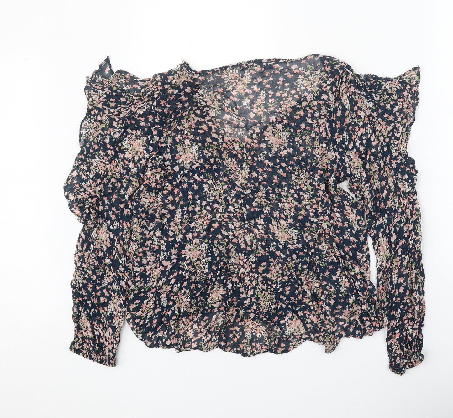 Marks and Spencer Womens Blue Floral Viscose Basic Blouse Size 12 V-Neck