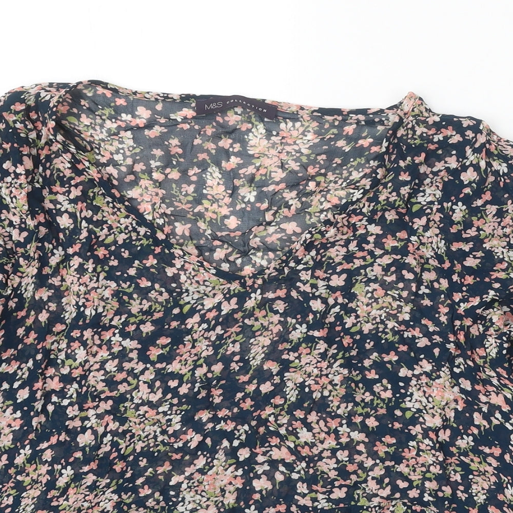 Marks and Spencer Womens Blue Floral Viscose Basic Blouse Size 12 V-Neck
