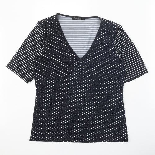 Betty Barclay Womens Black Polka Dot Polyester Basic T-Shirt Size 14 V-Neck - Striped