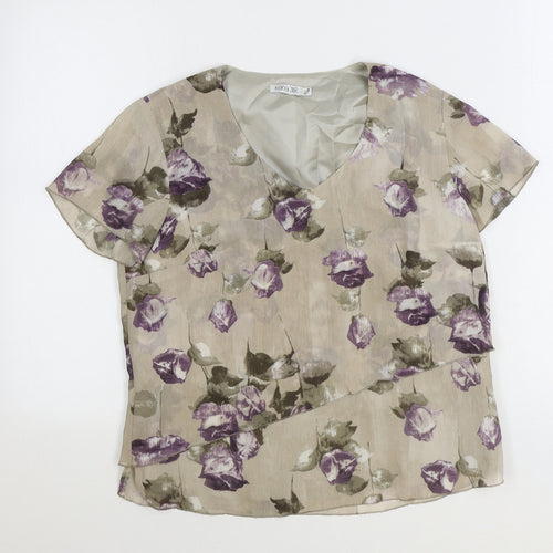 Gold Womens Grey Floral Polyester Basic T-Shirt Size 10 V-Neck