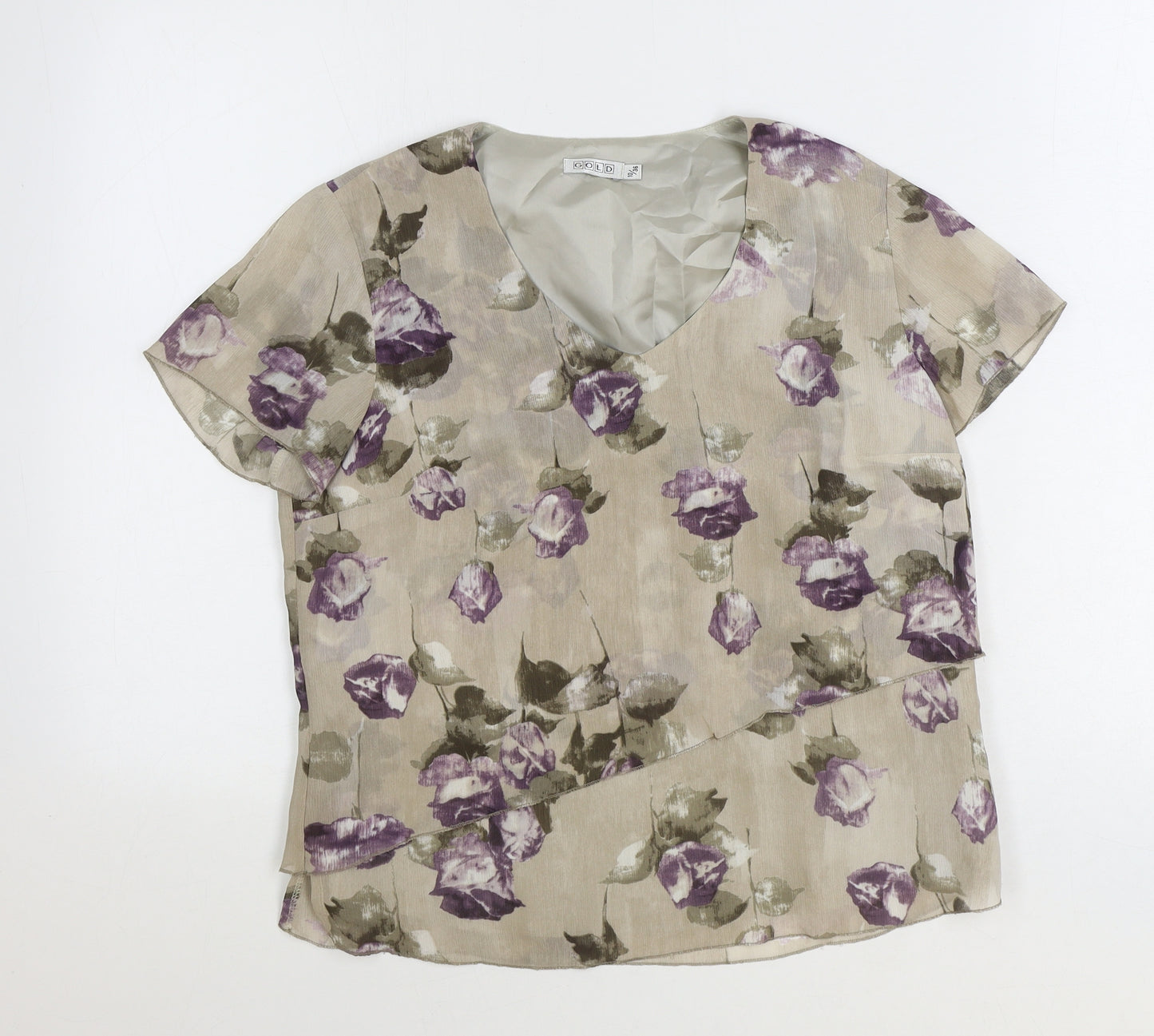 Gold Womens Grey Floral Polyester Basic T-Shirt Size 10 V-Neck
