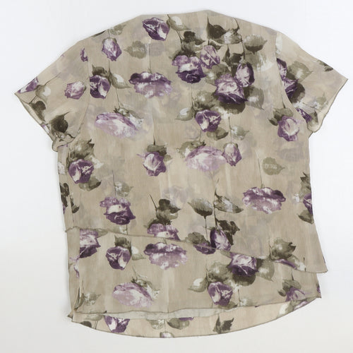 Gold Womens Grey Floral Polyester Basic T-Shirt Size 10 V-Neck