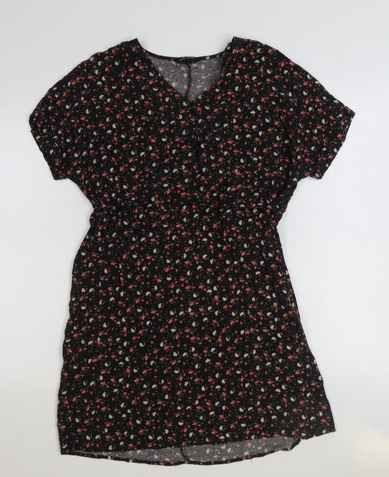 New Look Womens Black Geometric Viscose A-Line Size 12 V-Neck Button