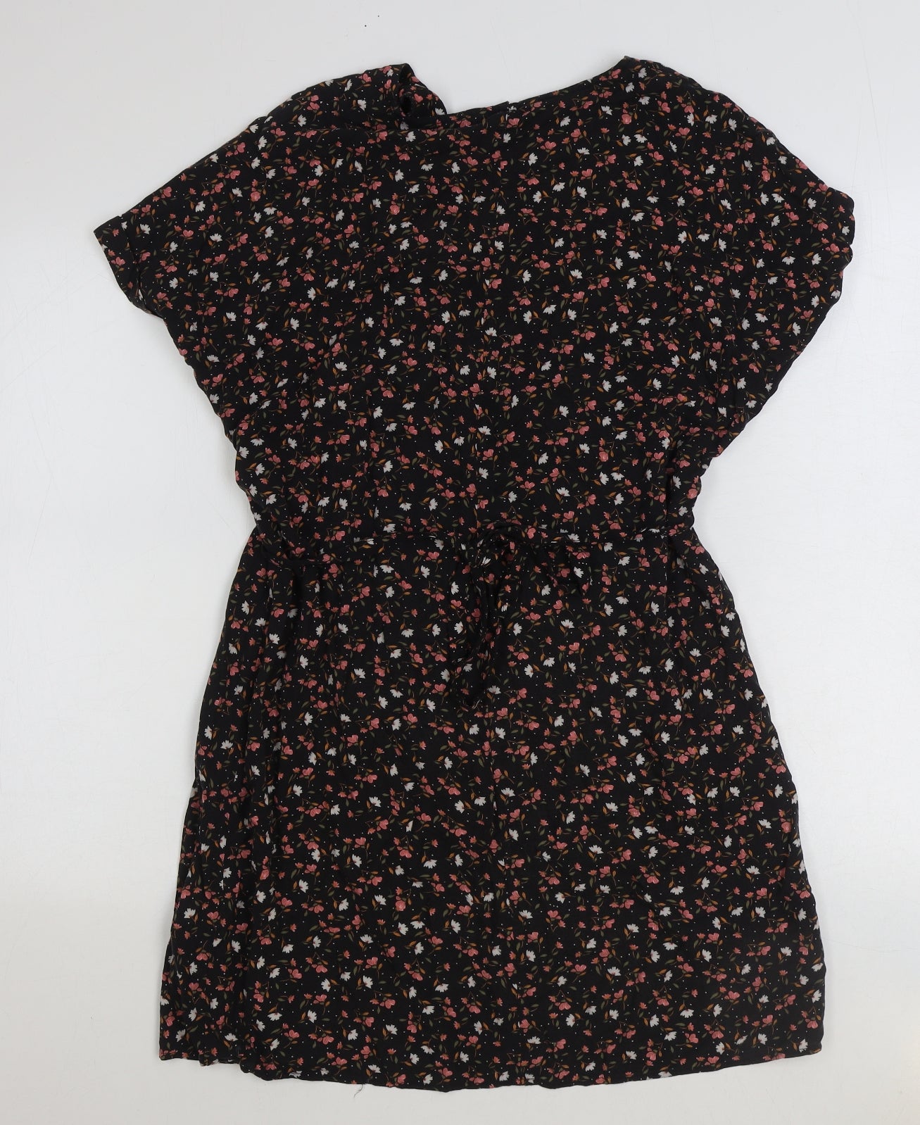 New Look Womens Black Geometric Viscose A-Line Size 12 V-Neck Button