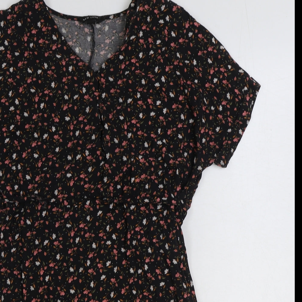 New Look Womens Black Geometric Viscose A-Line Size 12 V-Neck Button