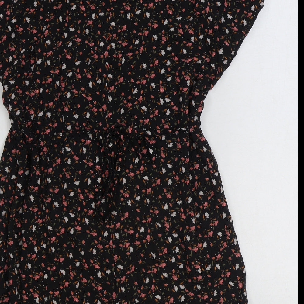 New Look Womens Black Geometric Viscose A-Line Size 12 V-Neck Button