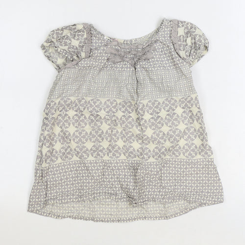 Monsoon Girls Grey Geometric Cotton Basic Blouse Size 9-10 Years Boat Neck Button