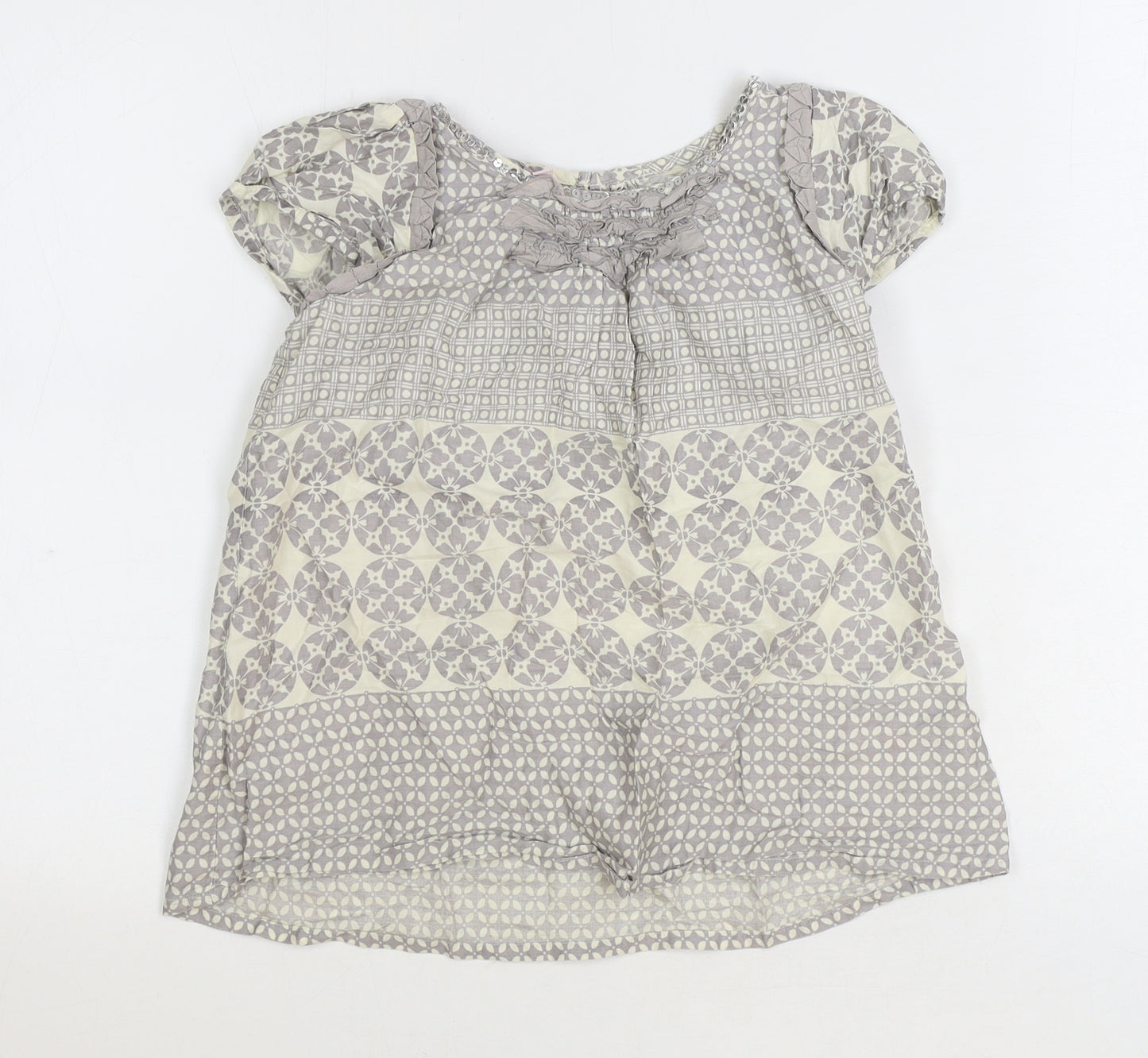 Monsoon Girls Grey Geometric Cotton Basic Blouse Size 9-10 Years Boat Neck Button