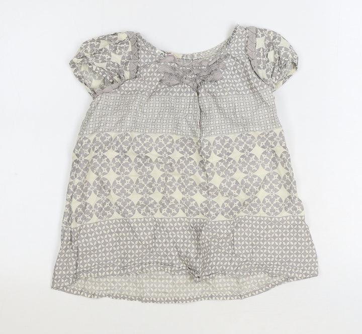 Monsoon Girls Grey Geometric Cotton Basic Blouse Size 9-10 Years Boat Neck Button