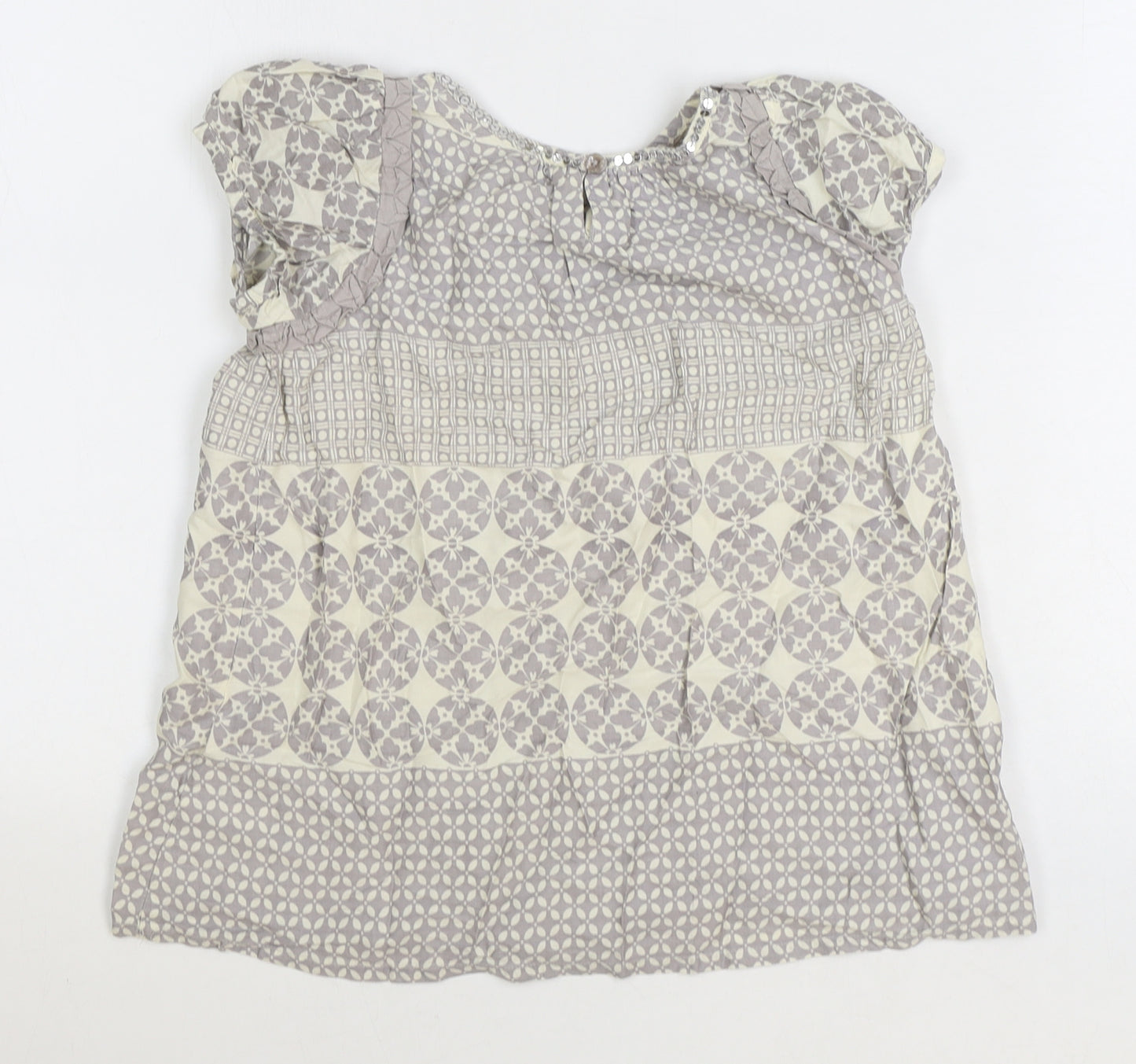 Monsoon Girls Grey Geometric Cotton Basic Blouse Size 9-10 Years Boat Neck Button