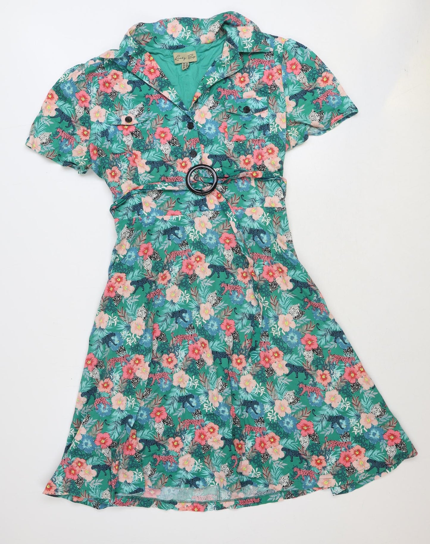 Lindy Bop Womens Green Floral Polyester Fit & Flare Size 20 Collared Button