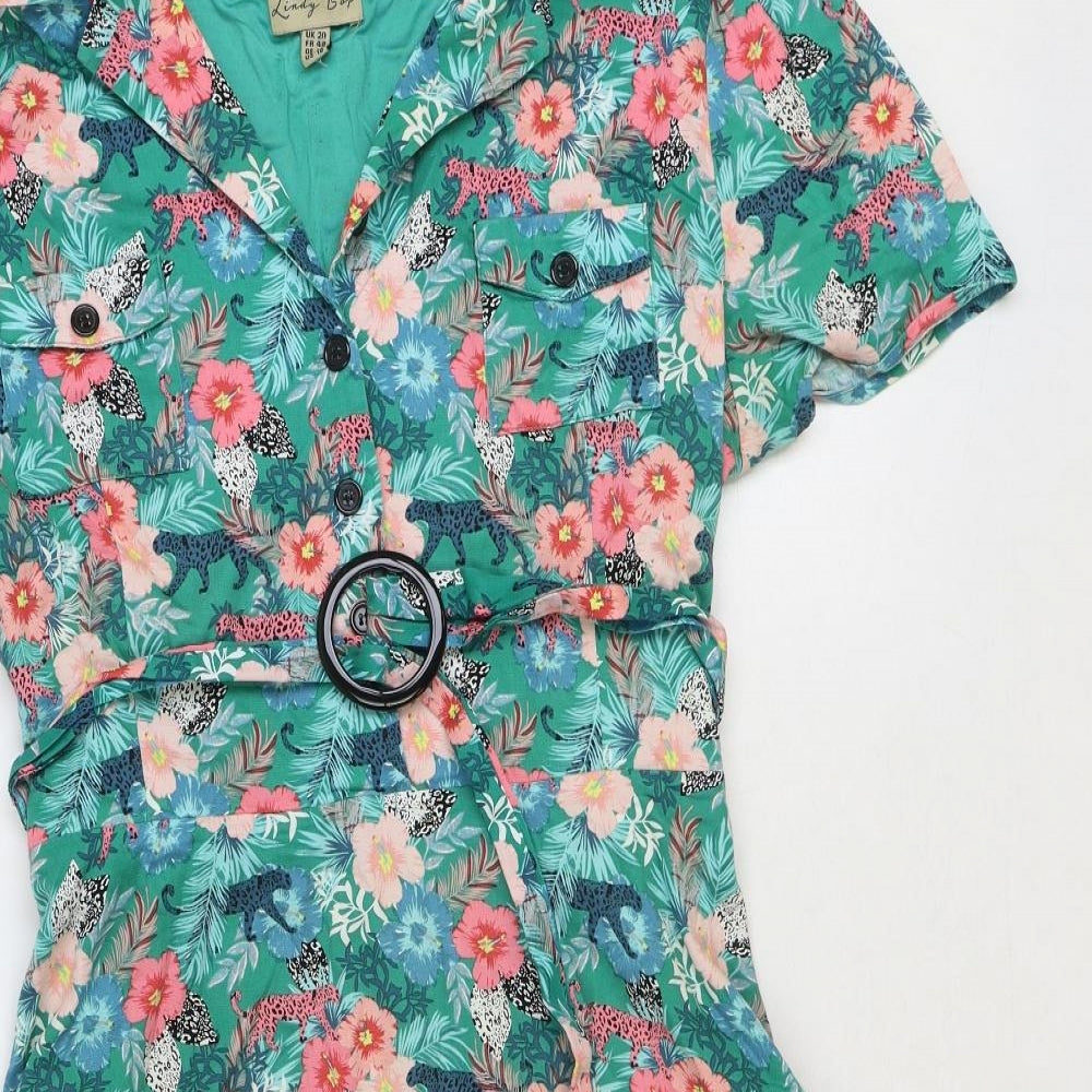 Lindy Bop Womens Green Floral Polyester Fit & Flare Size 20 Collared Button