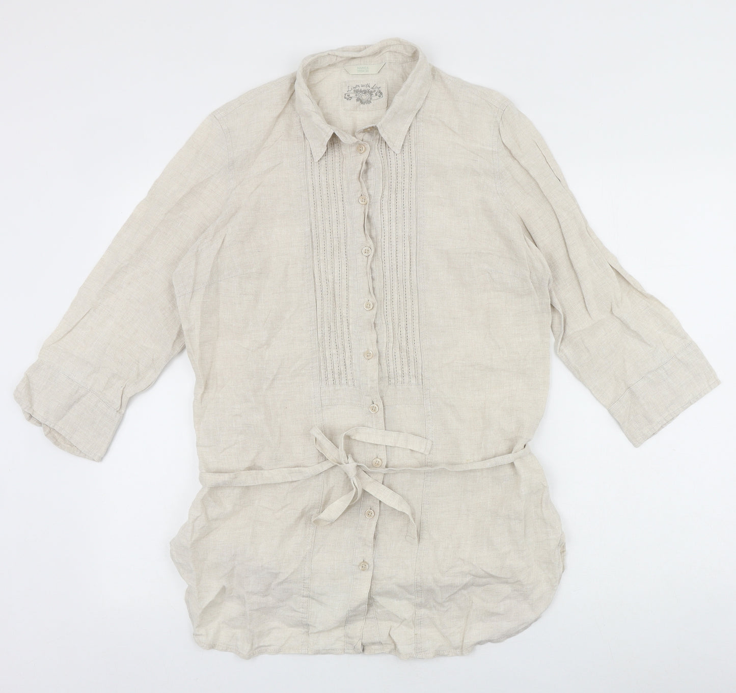Marks and Spencer Womens Beige Linen Basic Blouse Size 14 V-Neck