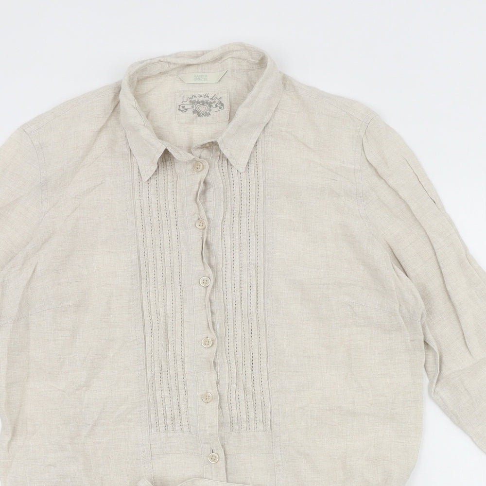 Marks and Spencer Womens Beige Linen Basic Blouse Size 14 V-Neck