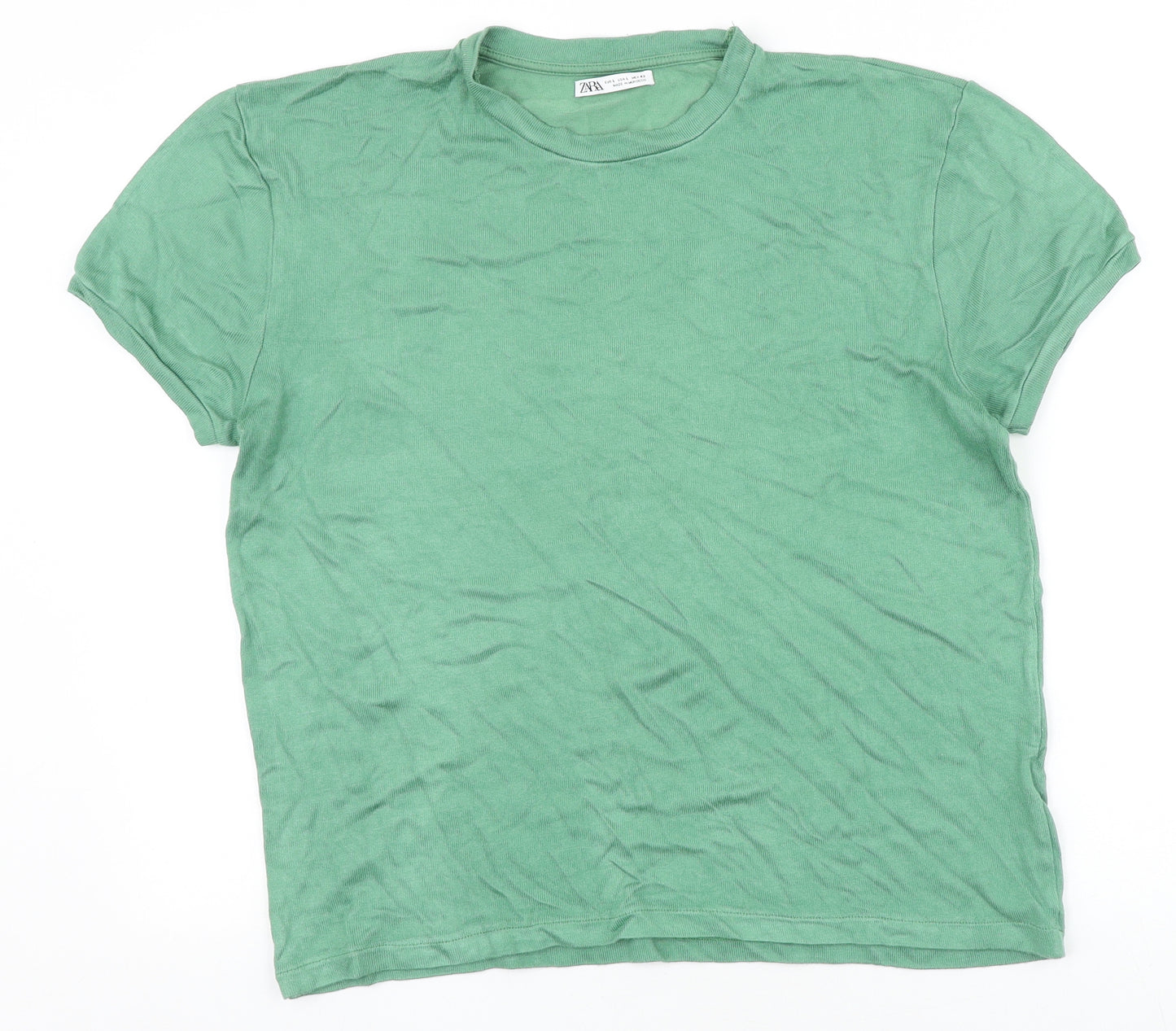 Zara Womens Green Viscose Basic T-Shirt Size L Round Neck