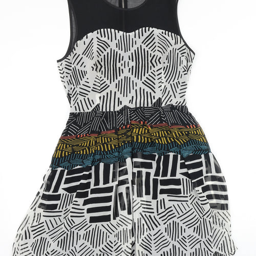Marks and Spencer Womens Black Geometric Polyester Fit & Flare Size 8 Round Neck Zip