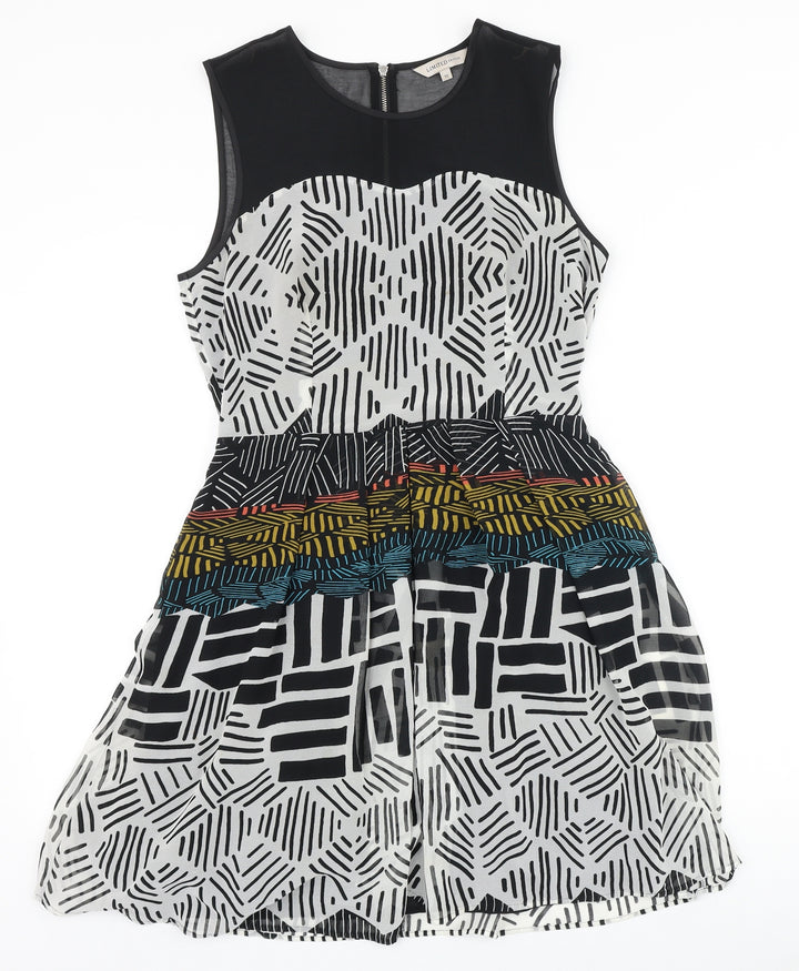 Marks and Spencer Womens Black Geometric Polyester Fit & Flare Size 8 Round Neck Zip