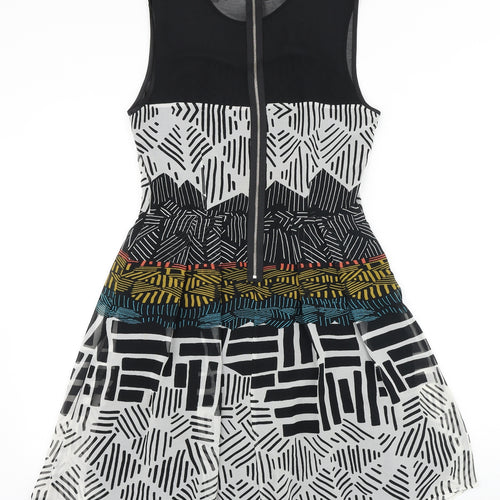 Marks and Spencer Womens Black Geometric Polyester Fit & Flare Size 8 Round Neck Zip