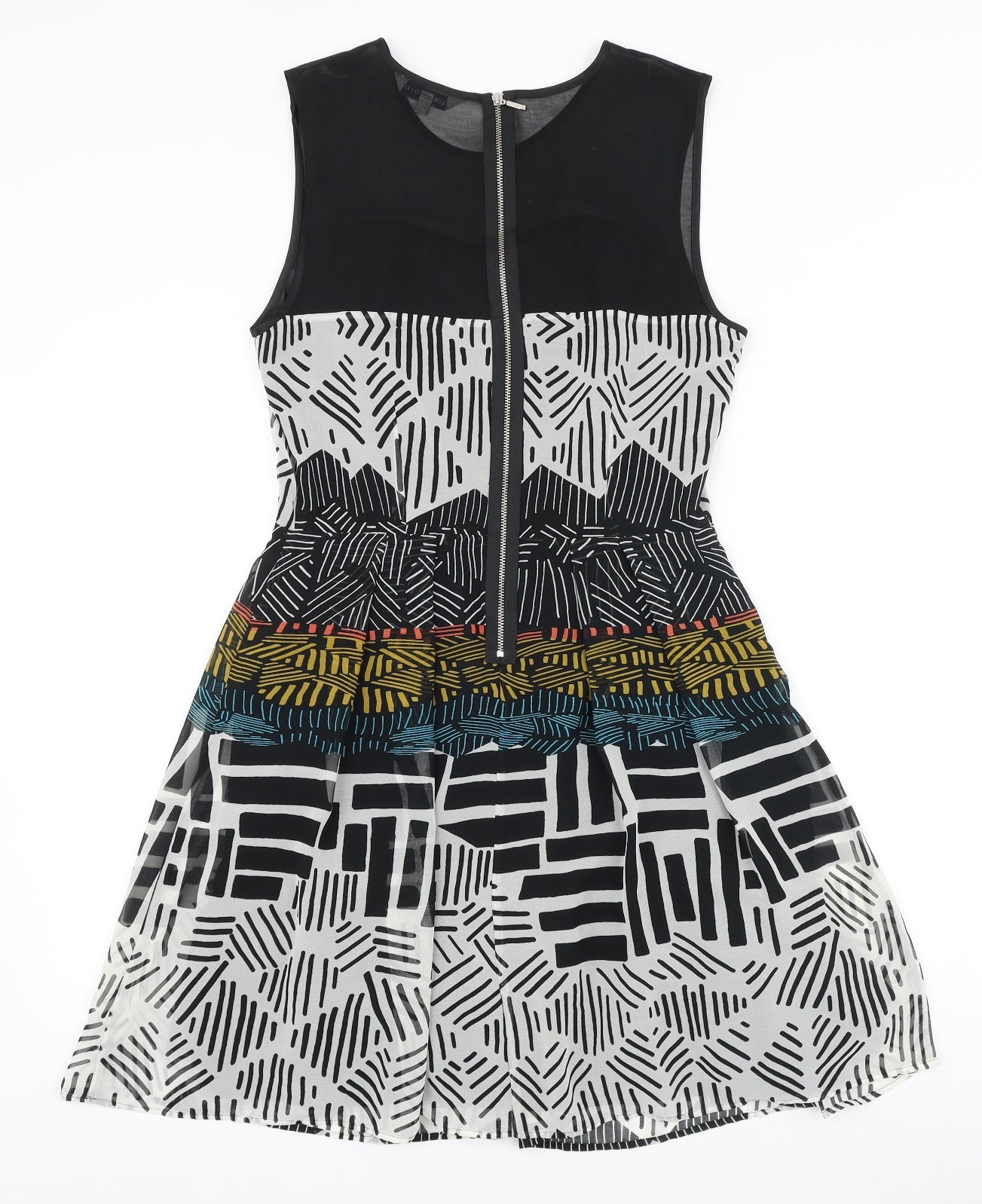 Marks and Spencer Womens Black Geometric Polyester Fit & Flare Size 8 Round Neck Zip