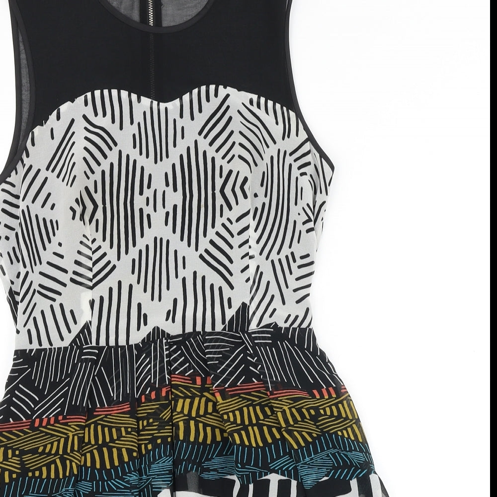 Marks and Spencer Womens Black Geometric Polyester Fit & Flare Size 8 Round Neck Zip