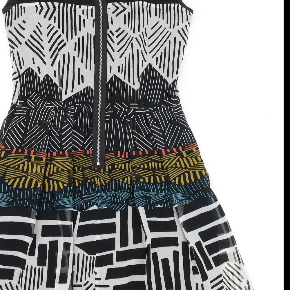 Marks and Spencer Womens Black Geometric Polyester Fit & Flare Size 8 Round Neck Zip