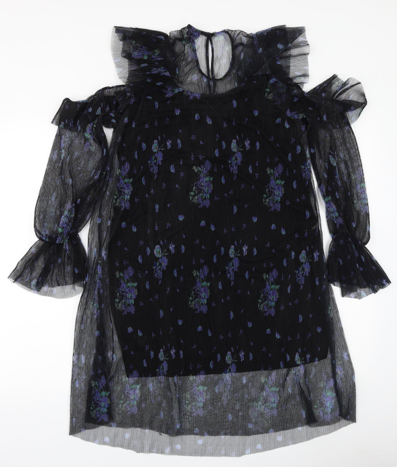 River Island Womens Black Geometric Polyester A-Line Size 10 Round Neck Button - Cold Shoulder
