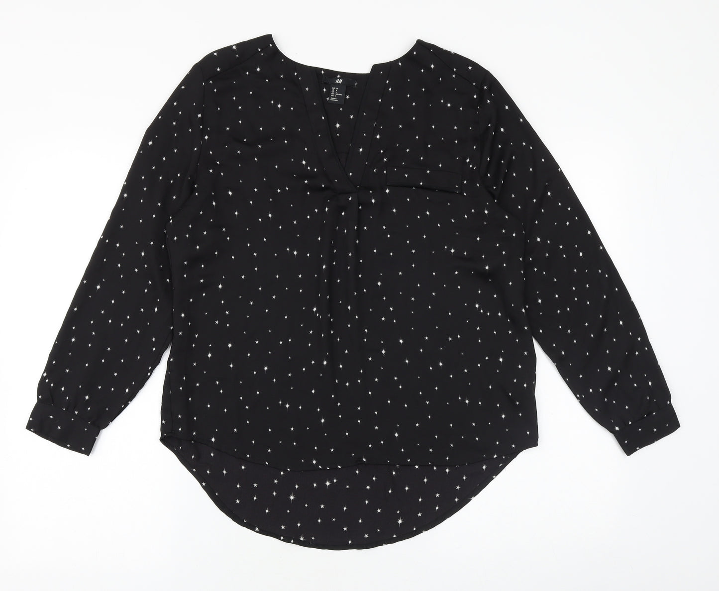 H&M Womens Black Geometric Polyester Basic Blouse Size 10 V-Neck - Star Print