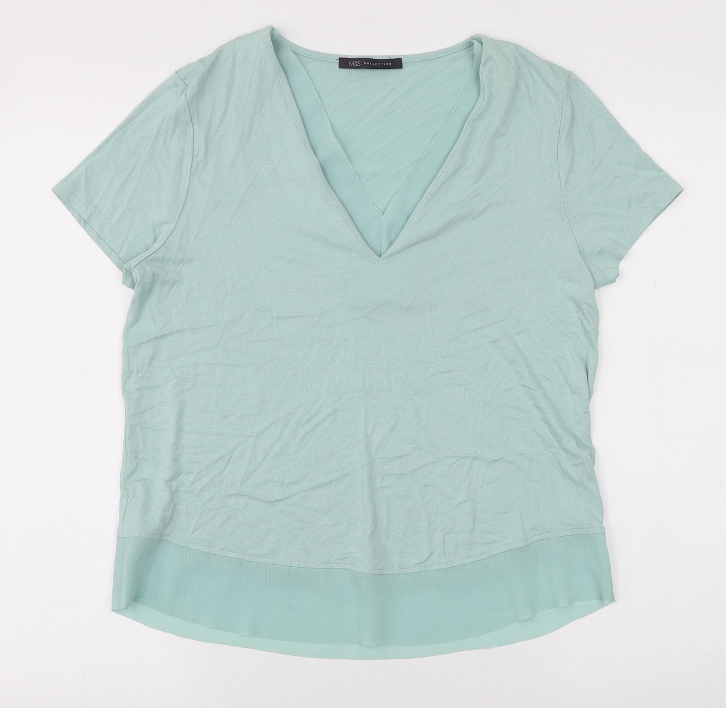 Marks and Spencer Womens Green Viscose Basic T-Shirt Size 10 V-Neck