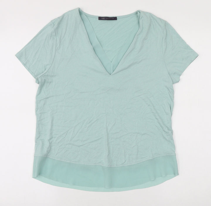 Marks and Spencer Womens Green Viscose Basic T-Shirt Size 10 V-Neck