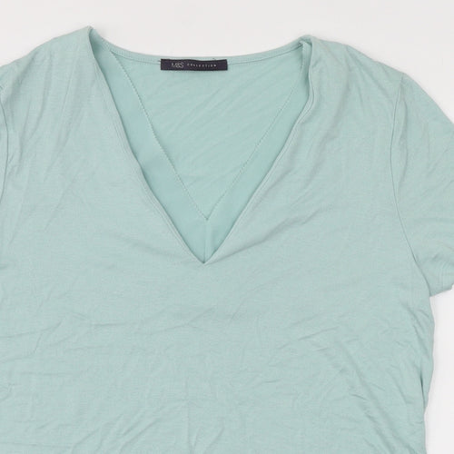 Marks and Spencer Womens Green Viscose Basic T-Shirt Size 10 V-Neck