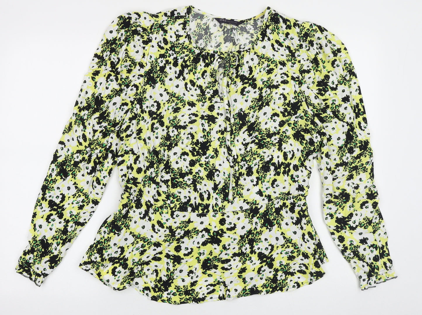 Marks and Spencer Womens Yellow Geometric Viscose Basic Blouse Size 14 Round Neck