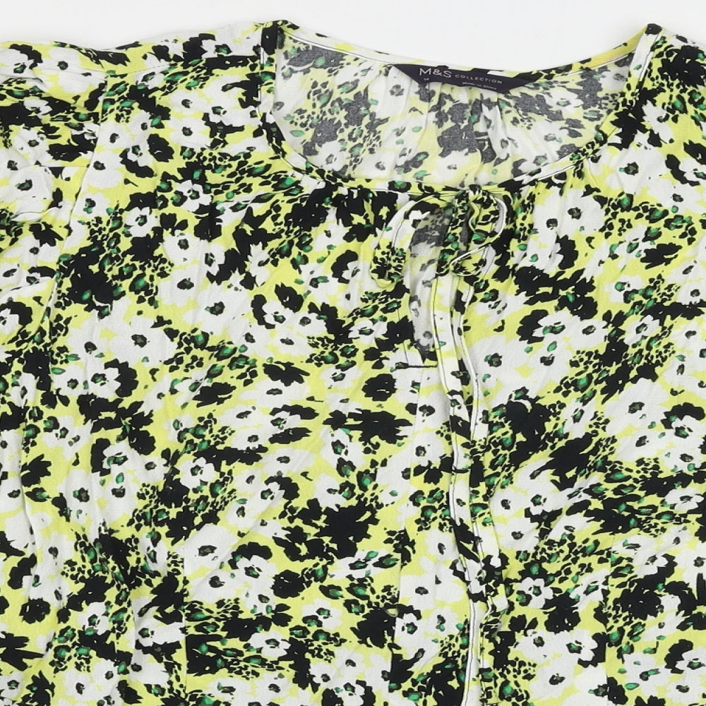 Marks and Spencer Womens Yellow Geometric Viscose Basic Blouse Size 14 Round Neck