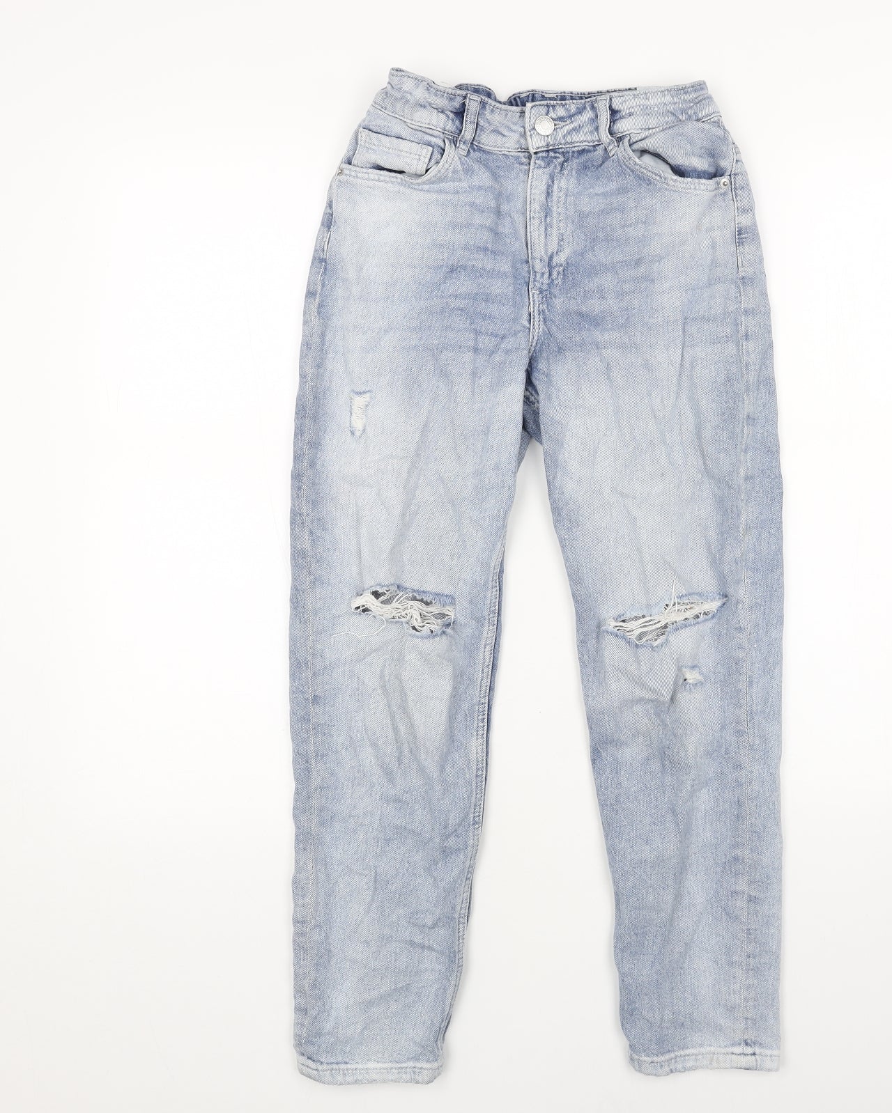 H&M Girls Blue Cotton Straight Jeans Size 9-10 Years Regular Button - Distressed