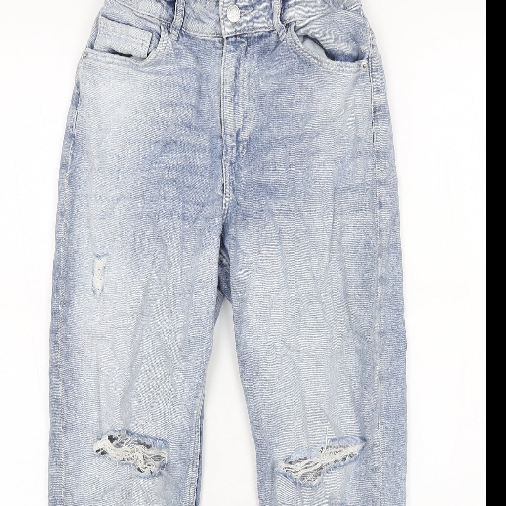 H&M Girls Blue Cotton Straight Jeans Size 9-10 Years Regular Button - Distressed