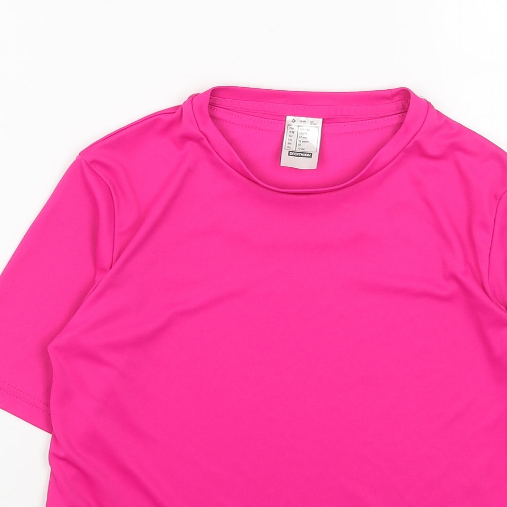 DECATHLON Girls Pink Polyester Basic T-Shirt Size 12 Years Round Neck Pullover