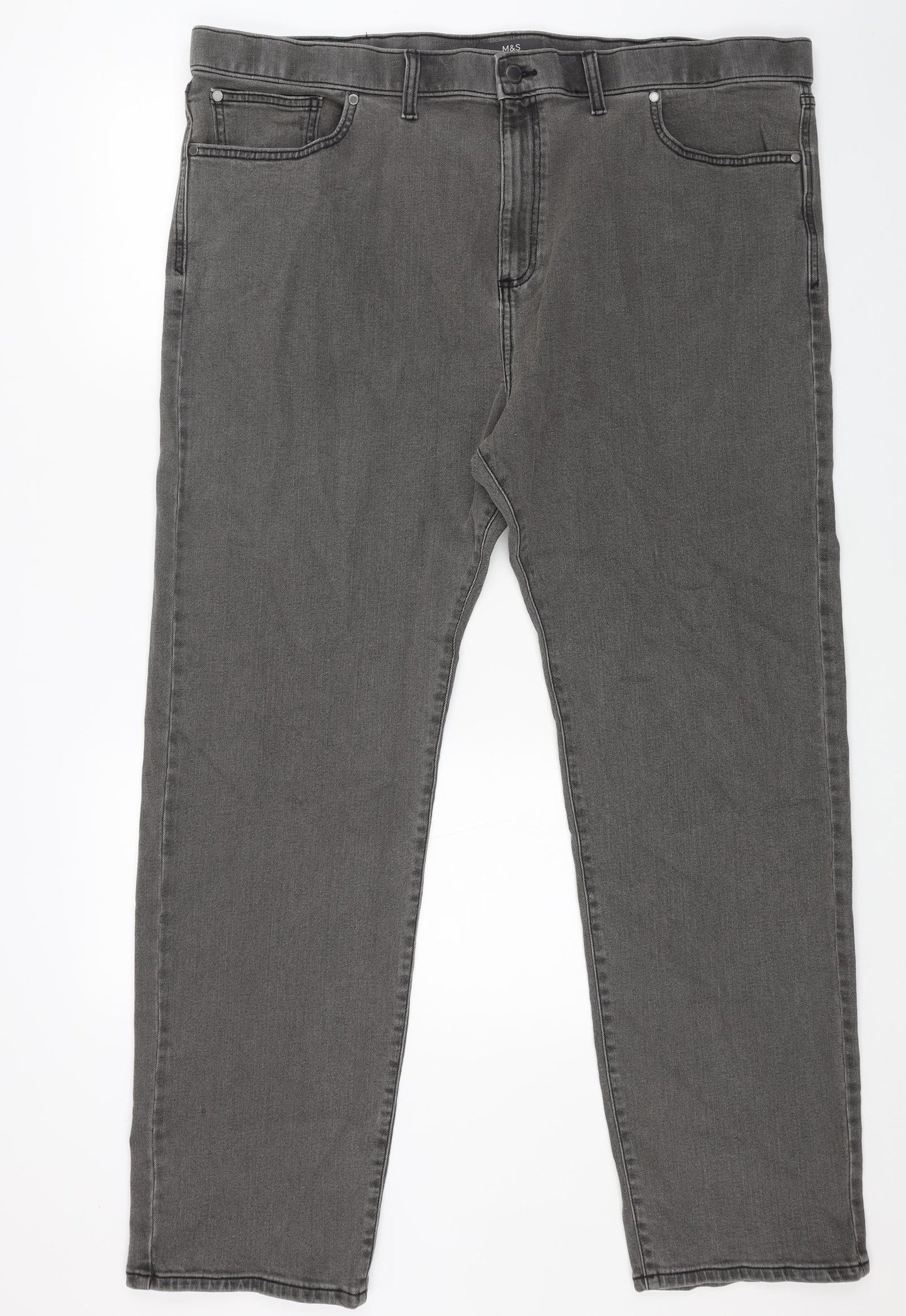 Marks and Spencer Mens Grey Cotton Straight Jeans Size 44 in L33 in Regular Button