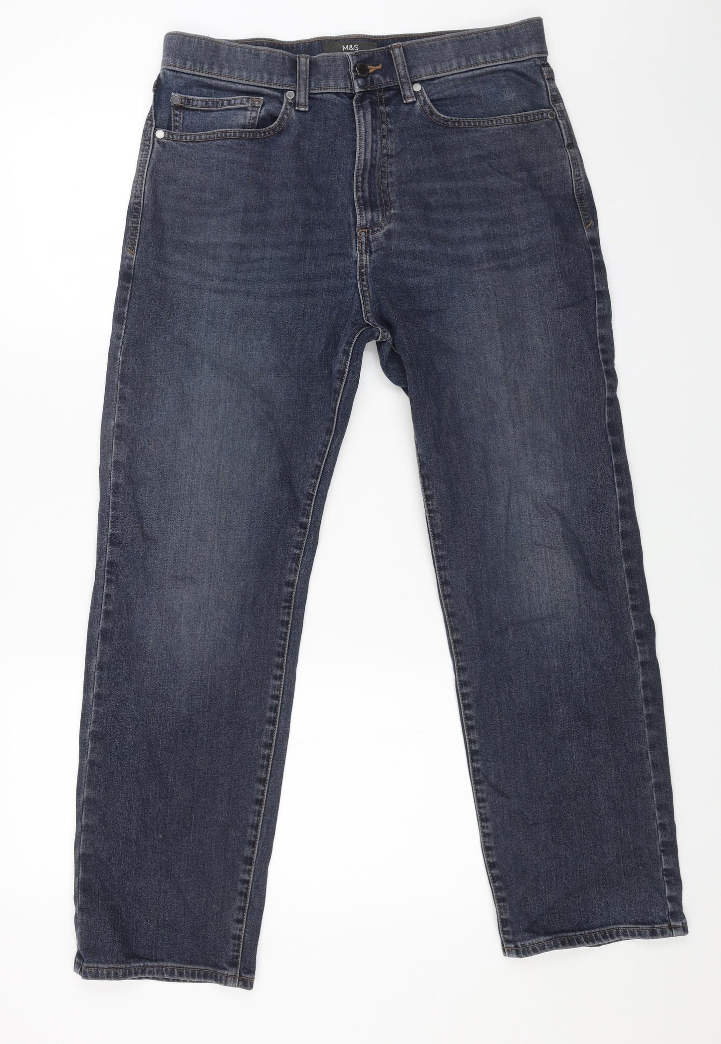 Marks and Spencer Mens Blue Cotton Straight Jeans Size 32 in L29 in Regular Button