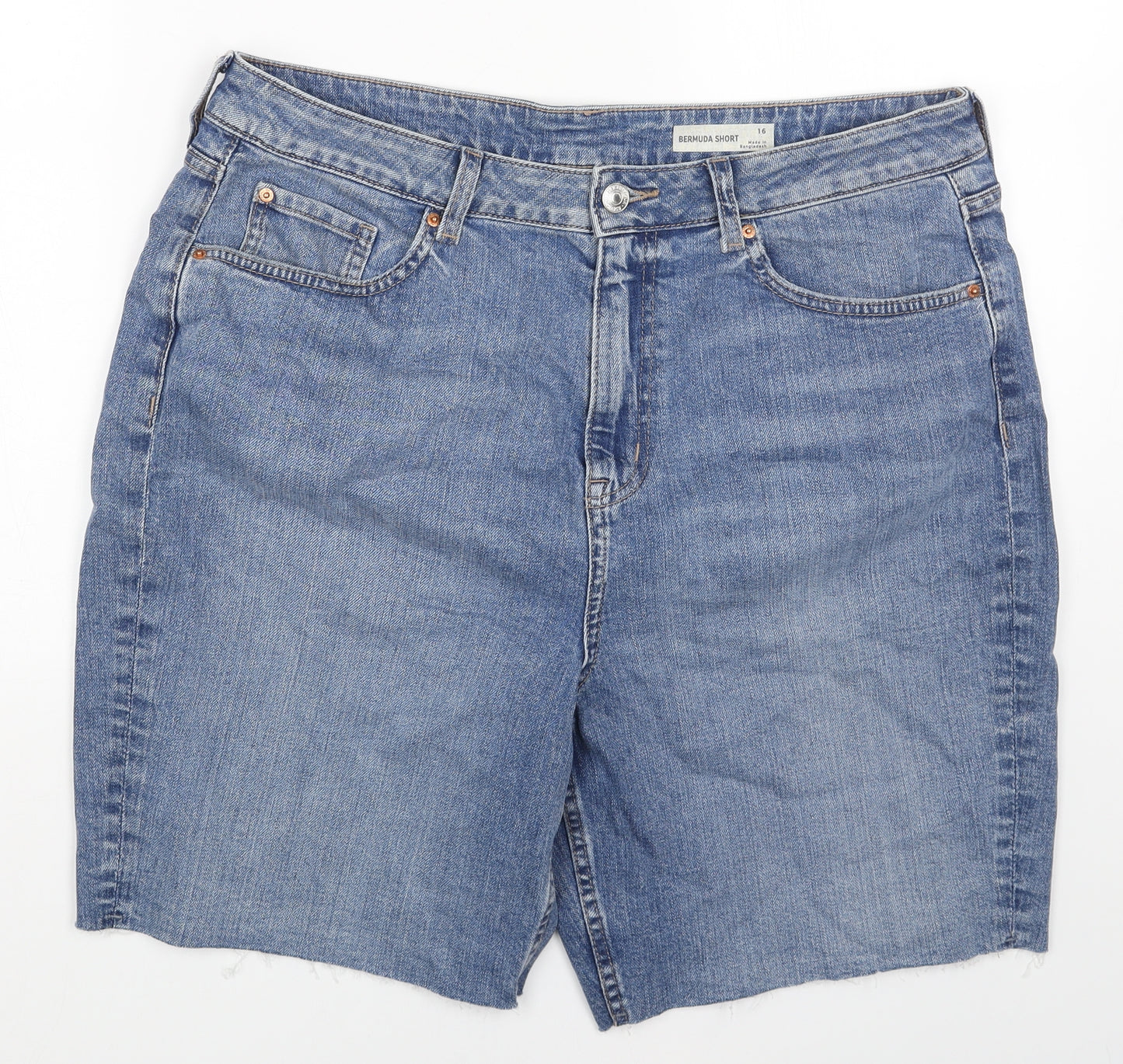 Marks and Spencer Womens Blue Cotton Bermuda Shorts Size 16 Regular Button