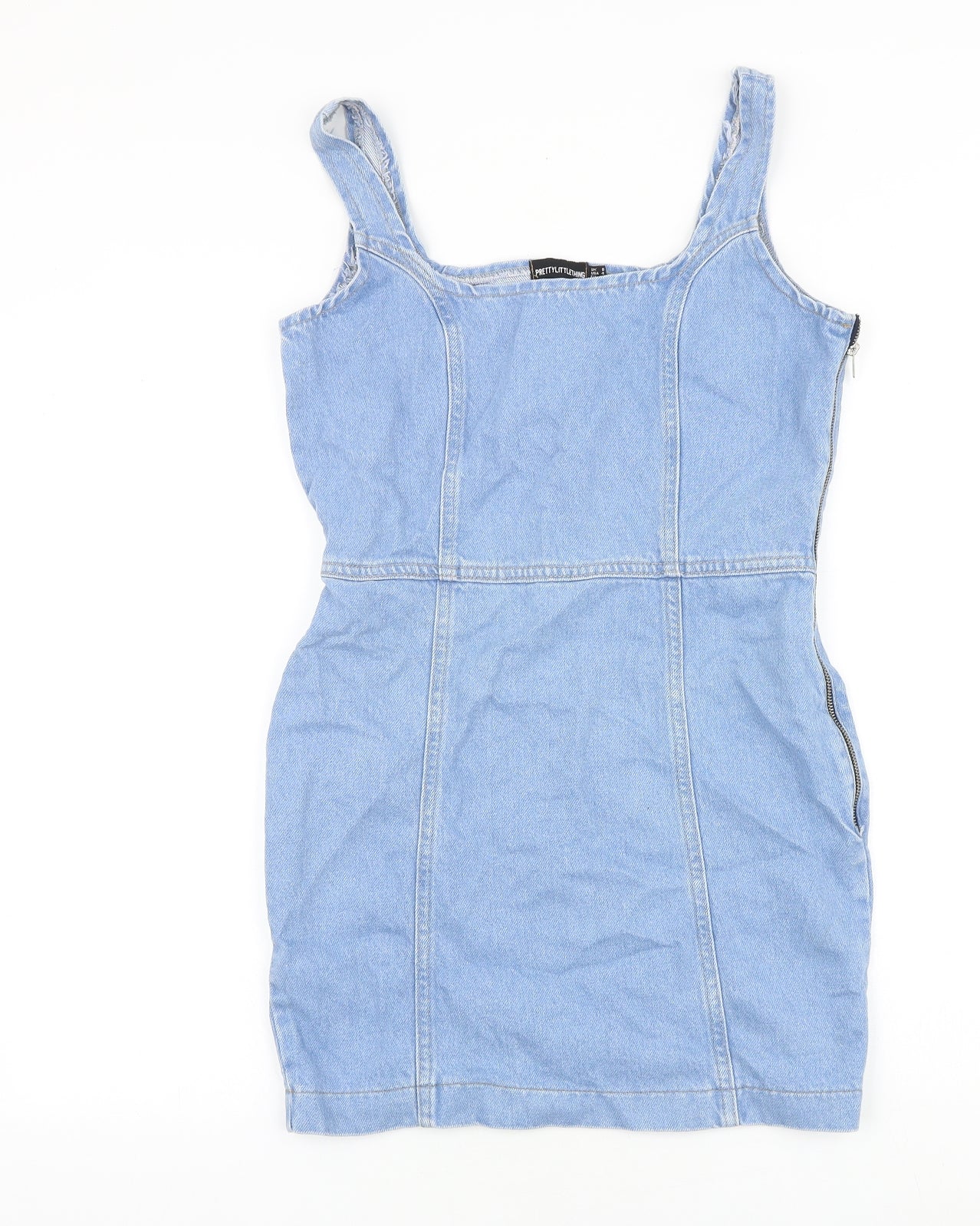 PRETTYLITTLETHING Womens Blue Cotton Bodycon Size 8 Square Neck Zip